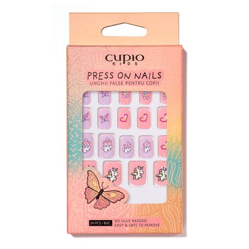 press_on_nails_sweet_dreams_c8112 Verpackung der Cupio Kids Press On Nails mit bunten Einhorn- und Herzaufklebern