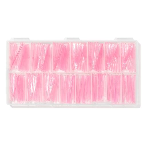 d0456_b Transparente Box mit pinken Nylon-Nadeln, gut sortiert und ordentlich angeordnet.