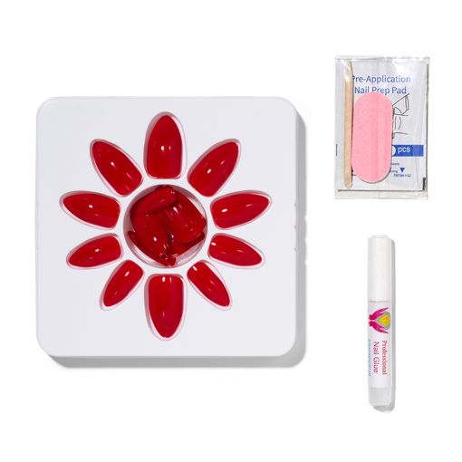 raspberry_c8365_c Set mit roten Kunstnägeln, Vorbereitungs-Pad und Nagelkleber