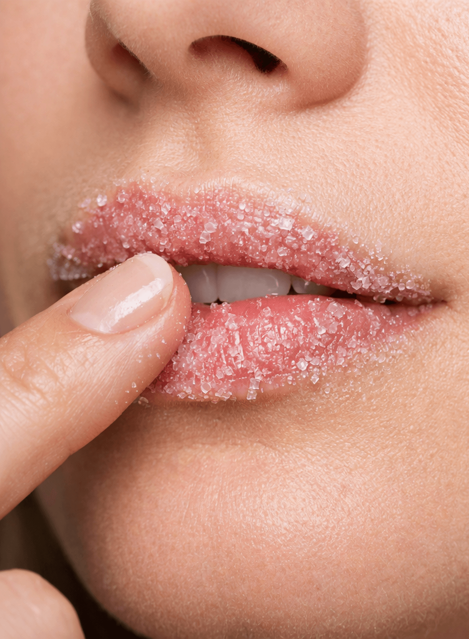 Nahaufnahme eines Zucker-Lippenpeelings auf weichen Lippen