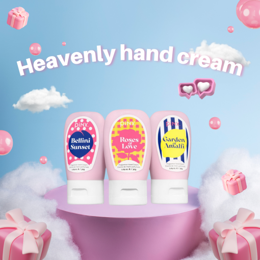 Drei verschiedene Handcremes: Bellini Sunset, Roses Love und Garden Amati auf einer rosa Wolke.