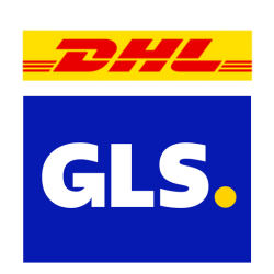 Logos der Versandunternehmen DHL und GLS auf einem Bild