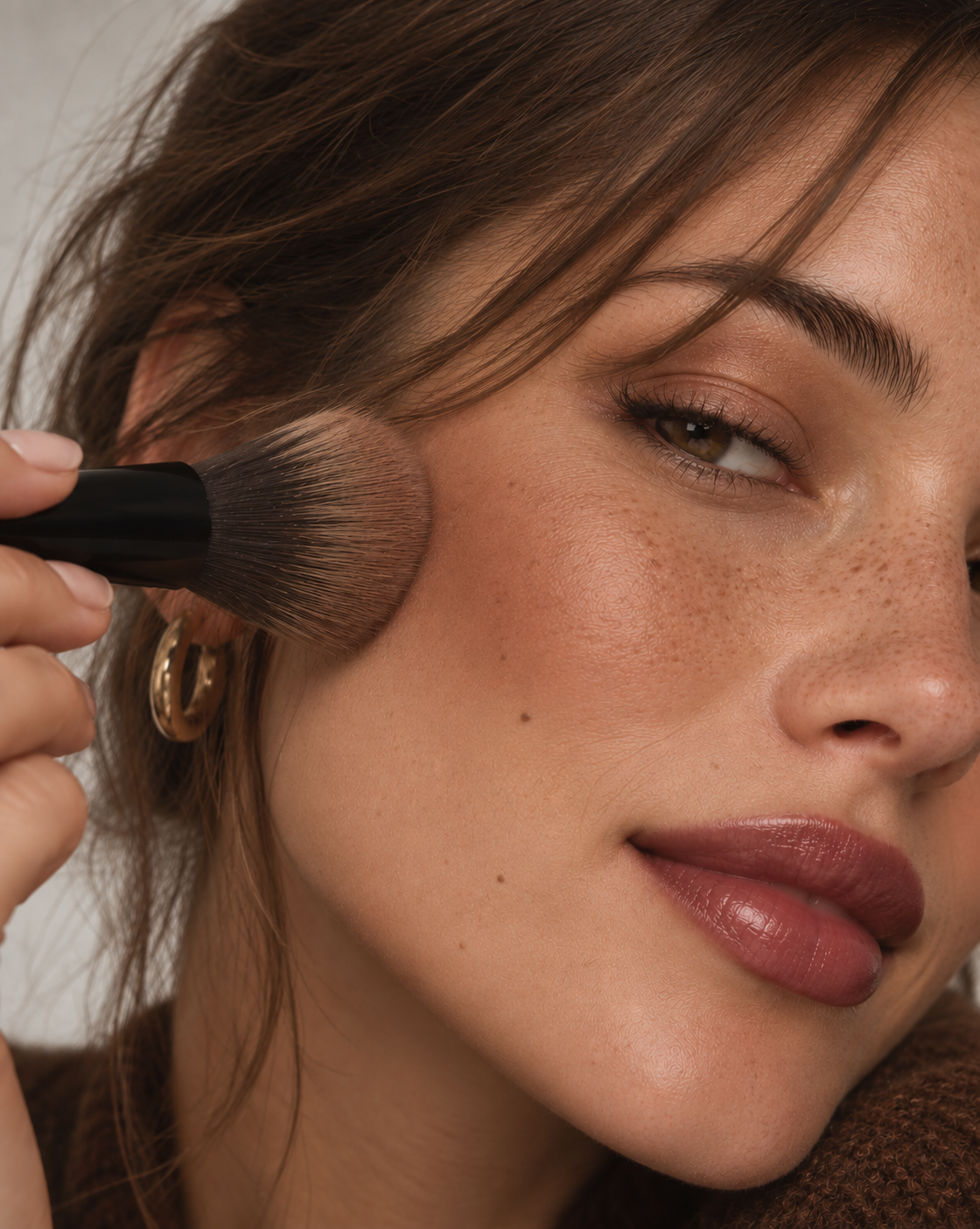 Nahaufnahme einer Frau beim Auftragen von Rouge mit einem großen Make-up-Pinsel auf die Wange