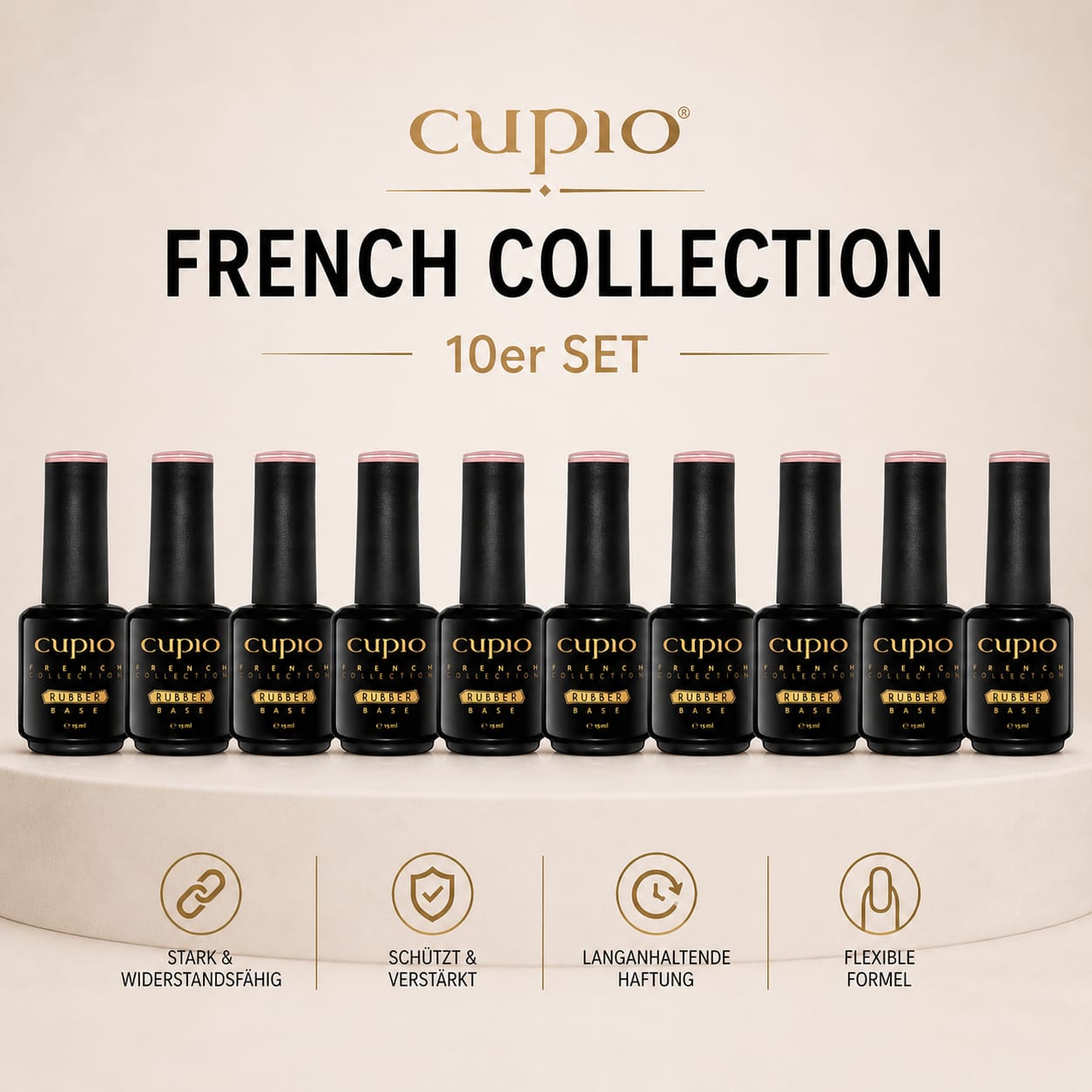 Zehn Flaschen Cupio French Collection Rubber Base im 10er Set, flexible Nagelbasis für starke, widerstandsfähige und geschützte Nägel.