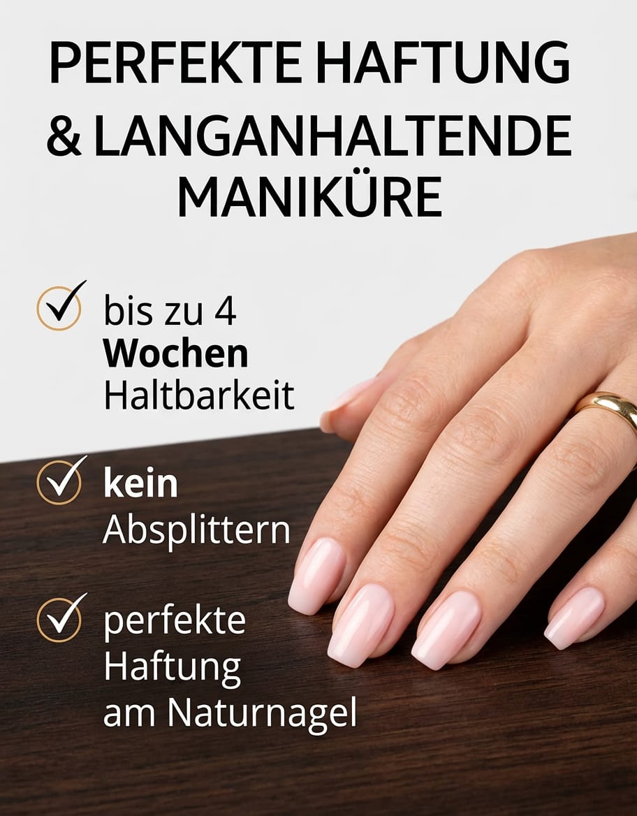 Hand mit roséfarbener, glänzender Maniküre auf Holztisch, Text: perfekte Haftung, bis zu 4 Wochen Haltbarkeit, kein Absplittern, ideale Haftung am Naturnagel