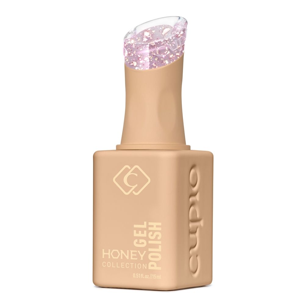 Produktbild von Cuccio Honey Collection Gel Polish: Nudefarbene Flasche mit geöffnetem Pinsel und roséfarbenem Glitzer-Gel für UV-Nägel