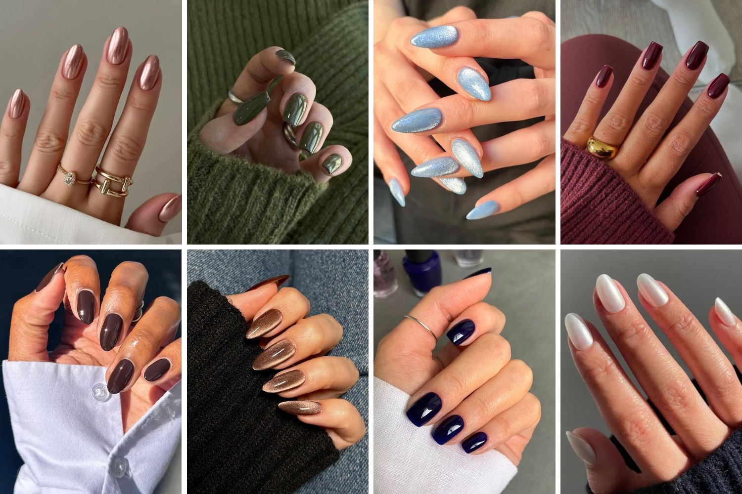 Verschiedene Hände mit trendigen Nagellackfarben und -formen