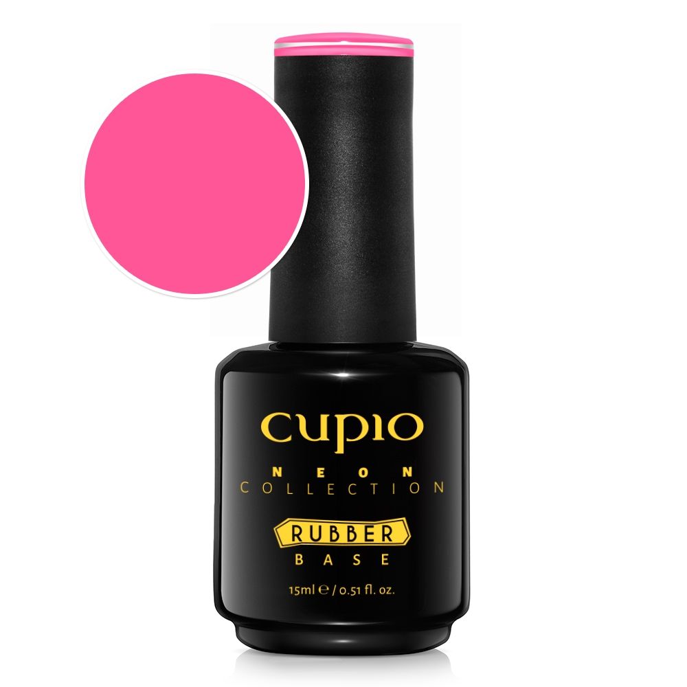 Schwarze Flasche Cupio Neon Collection Rubber Base 15 ml mit Farbkreis in leuchtendem Neon-Pink