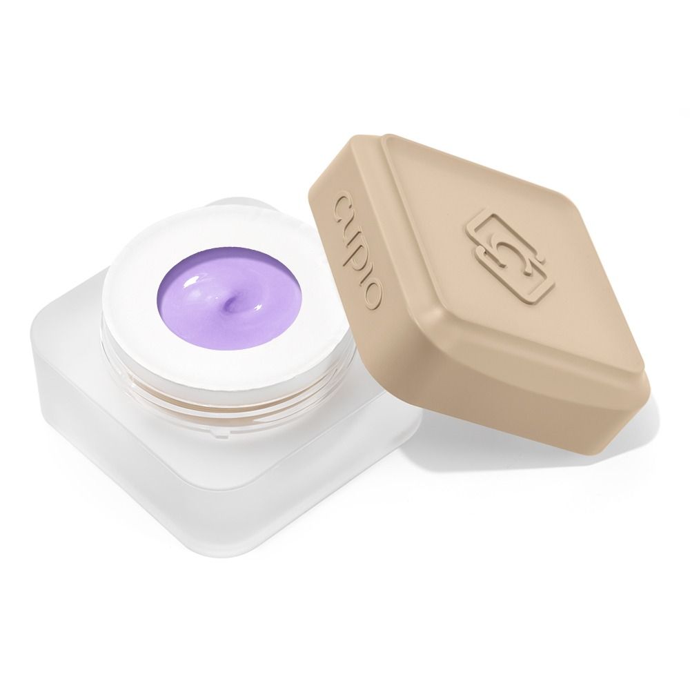 Geöffneter Clio Creme-Behälter mit lila Inhalt und beigem Deckel als Produktabbildung auf weißem Hintergrund