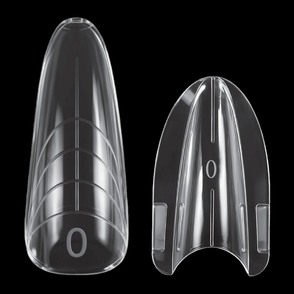 Zwei transparente Dual Forms Nagelschablonen für Acrylgel und Gelmodellage in gerader Coffin-Form mit Längenmarkierungen