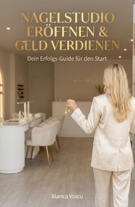 Buchcover zum Ratgeber „Nagelstudio eröffnen & Geld verdienen“: Frau im hellen Hosenanzug betritt ein modernes Nagelstudio mit Schlüssel in der Hand