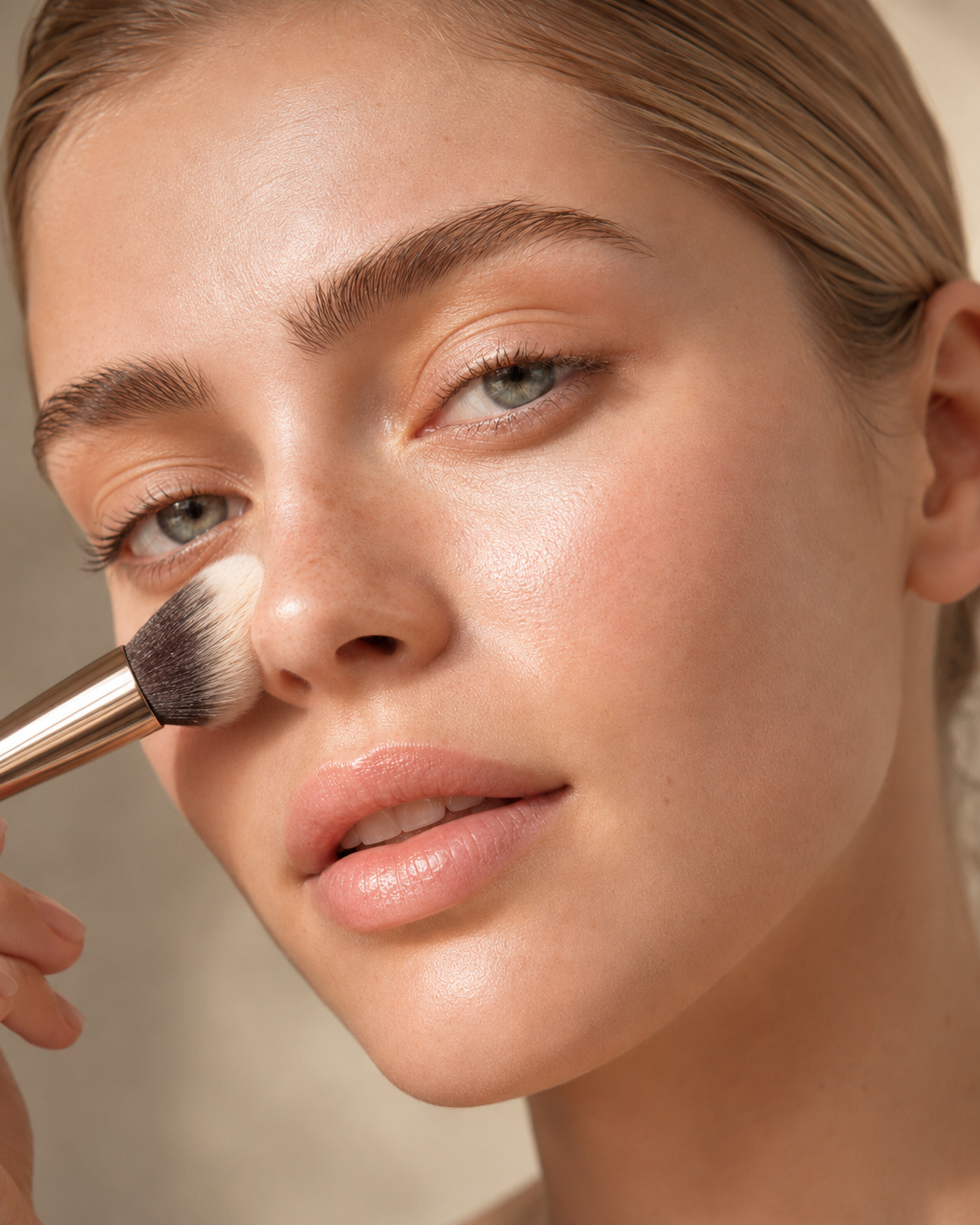 Nahaufnahme einer Frau, die mit einem weichen Make-up-Pinsel Foundation oder Puder auf die Wange aufträgt – ideal für gleichmäßiges Verblenden und ein natürliches Finish
