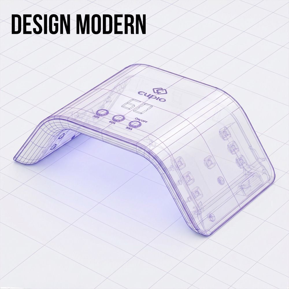 3D-Visualisierung eines modernen Cupio LED-UV-Nageltrockners mit transparent dargestelltem Gehäuse und LED-Anordnung