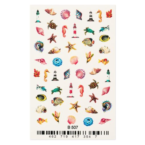 Das Bild zeigt eine bunte Sammlung von Strandmotiven, darunter Muscheln, Fische und Leuchttürme.