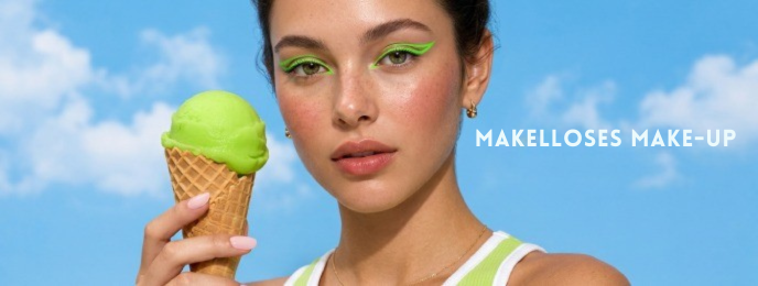 Nahaufnahme eines Models mit leuchtend grünem Eyeliner und Eistüte vor blauem Himmel als Motiv für makelloses Make-up