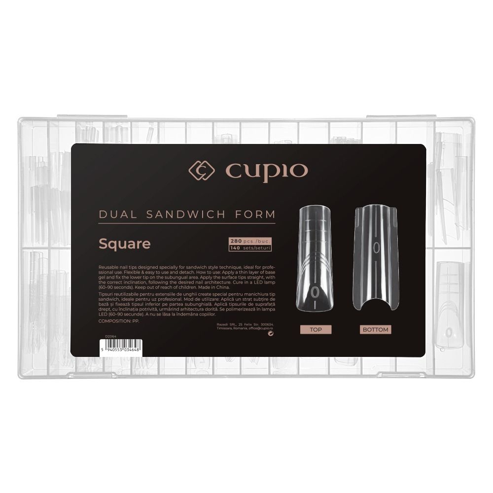 Transparente Box mit 280 wiederverwendbaren Cupio Dual Sandwich Form Square Nagelformen für Gel- und Acrylmodellage