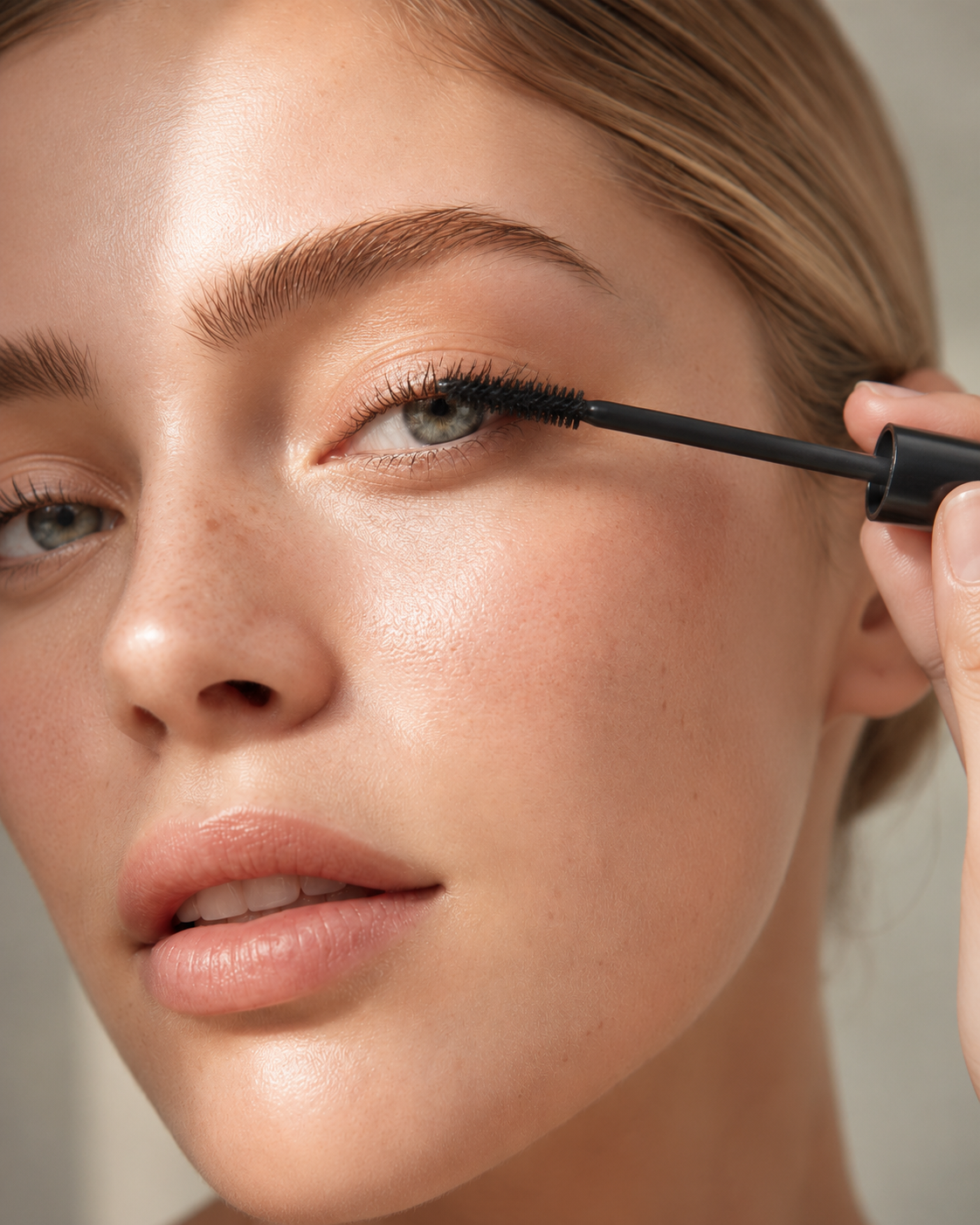 Nahaufnahme einer Frau beim Auftragen von schwarzer Mascara auf die oberen Wimpern, ideal zur Darstellung von Wimperntusche und natürlichem Augen-Make-up