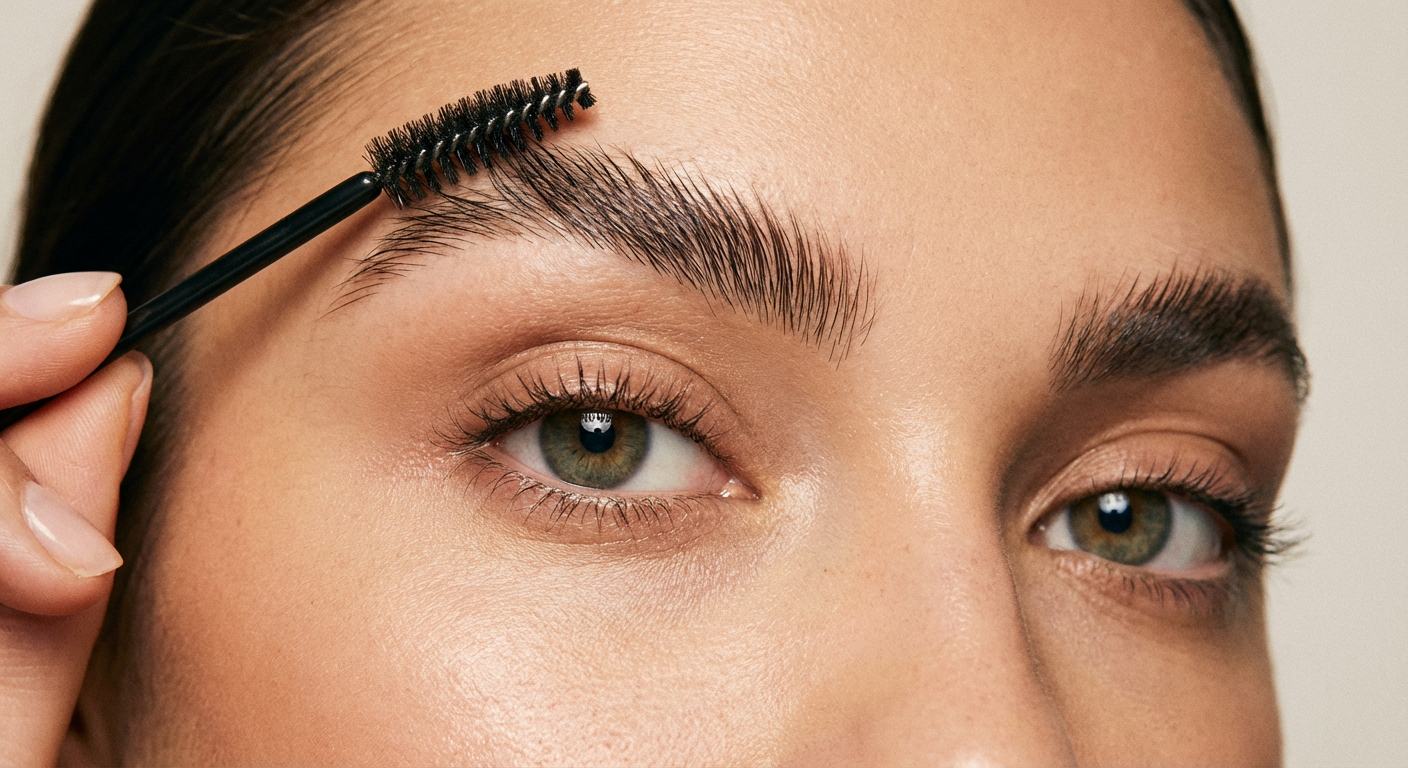 Nahaufnahme: Frau formt ihre Augenbrauen mit Bürste