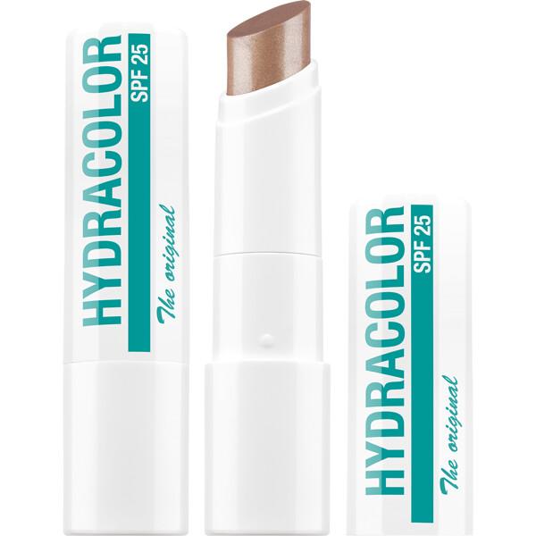 Geöffneter Hydracolor The Original SPF 25 Lippenpflegestift mit schimmerndem Nude-Bronze-Ton neben den weißen Produktkappen