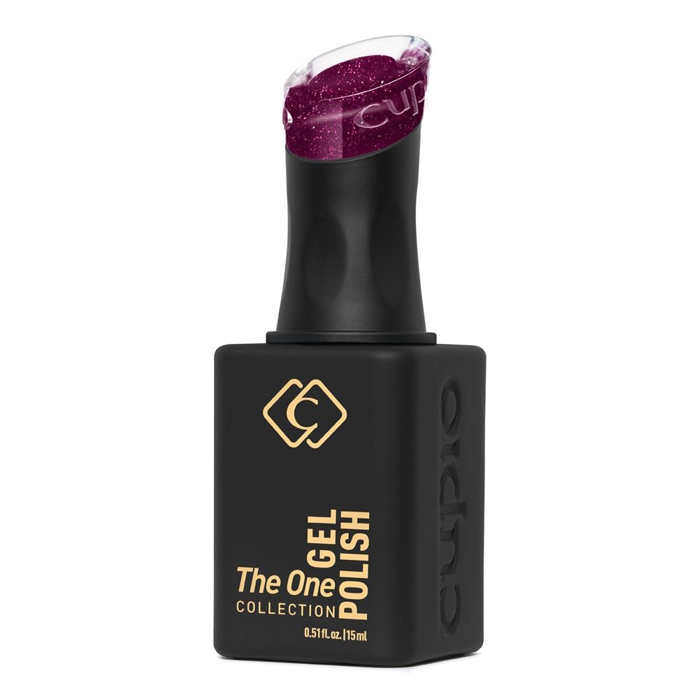 Schwarze Flasche Cupio The One Collection Gel Polish 15 ml mit violett glitzerndem UV/LED-Gellack im transparenten Deckel