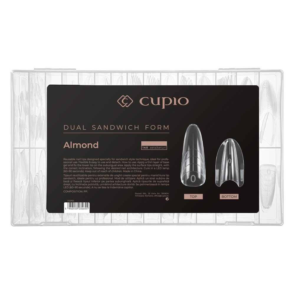 Verpackung der Cupio Dual Sandwich Form Almond mit transparenten Dual Forms für Mandelnägel, 140 Stück in einer sortierten Kunststoffbox