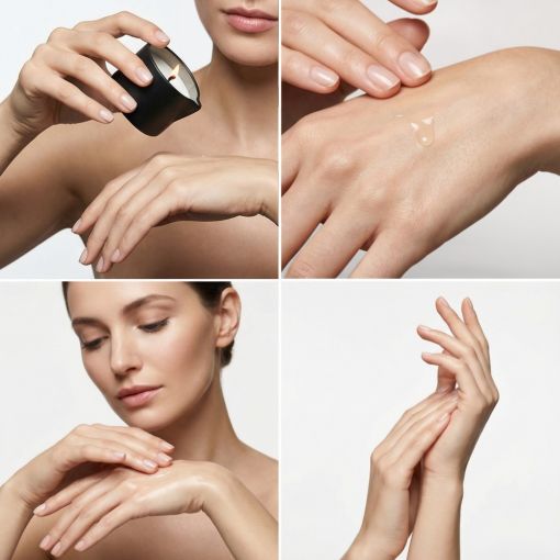 Frau trägt pflegendes Handserum für weiche Haut auf