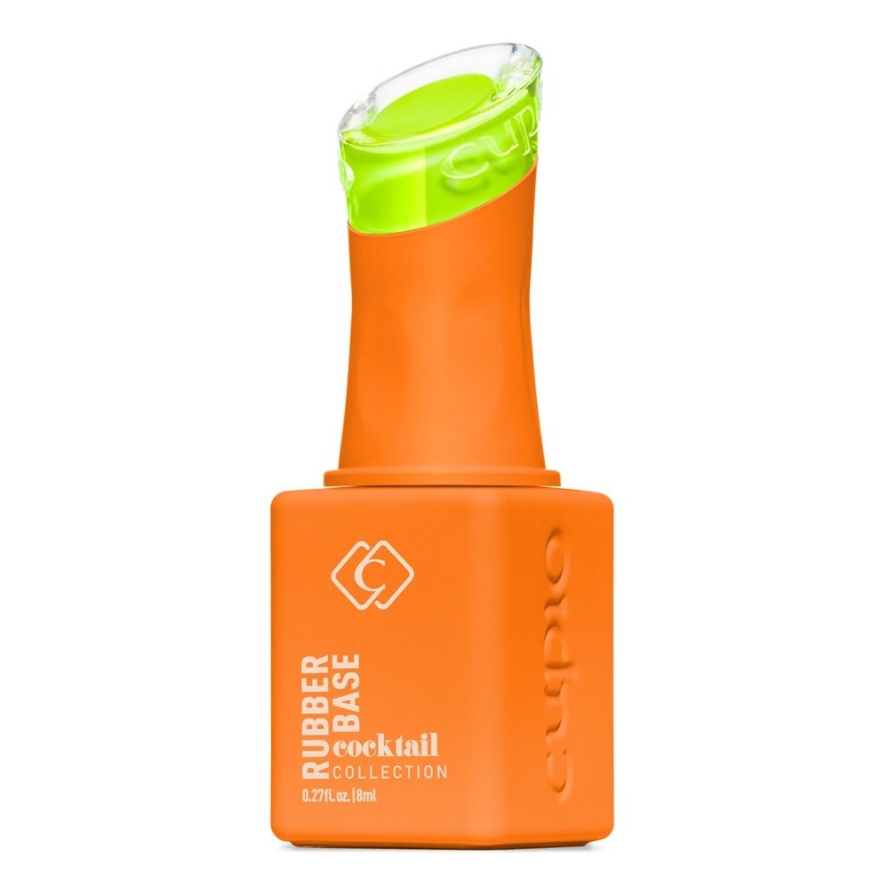 Produktbild der Claresa Rubber Base aus der Cocktail Collection, orangefarbene Flasche mit grünem Verschluss, 8 ml UV-Nagelbasis