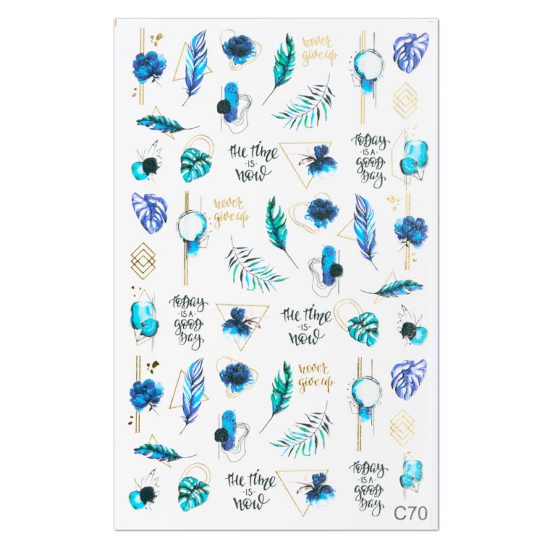 Motivpapier mit blauen Blumen, grünen Blättern und Sprüchen wie 'Never give up' und 'The time is now'