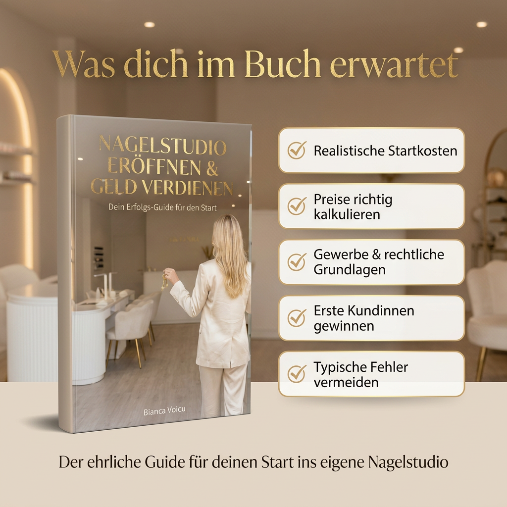 3D-Buchcover „Nagelstudio eröffnen & Geld verdienen“ von Bianca Voicu mit Themen wie Startkosten, Preise kalkulieren, Gewerbe, Kundinnen gewinnen und Fehler vermeiden