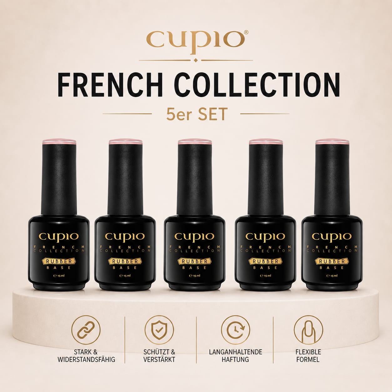 Fünf Flaschen Cupio French Collection Rubber Base im 5er Set für French Nails, mit starker, flexibler Formel, Schutz, Verstärkung und langanhaltender Haftung