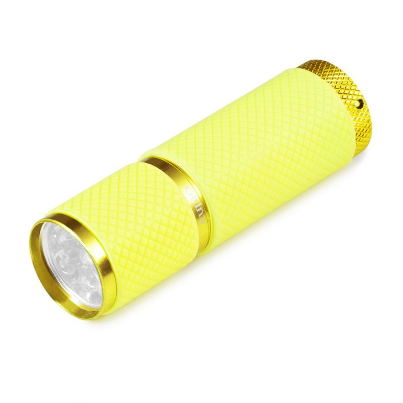 lampa_led_mini_revolamp_9w_galben_b Gelbe Taschenlampe mit rutschfester Oberfläche und goldenen Elementen