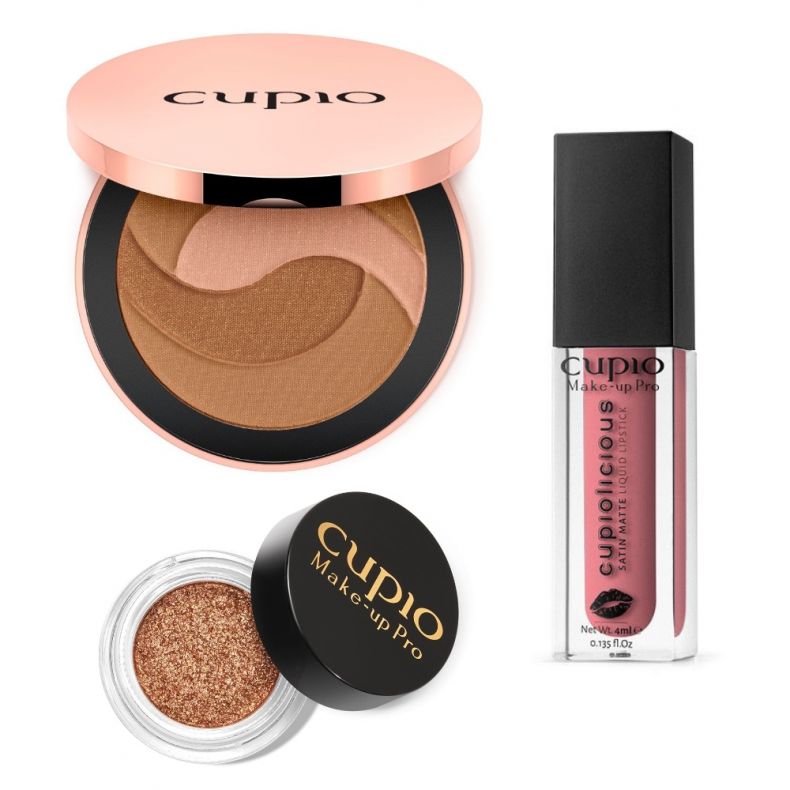 festive_glow Kosmetikprodukte von Cupio: Bronzer, glitzerndes Lidschatten und Lippenstift