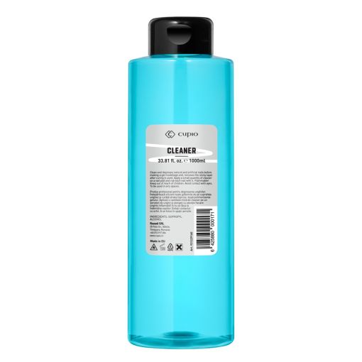 Transparente blaue 1000-ml-Flasche Cupio Cleaner mit schwarzem Klappverschluss und Etikett auf der Vorderseite