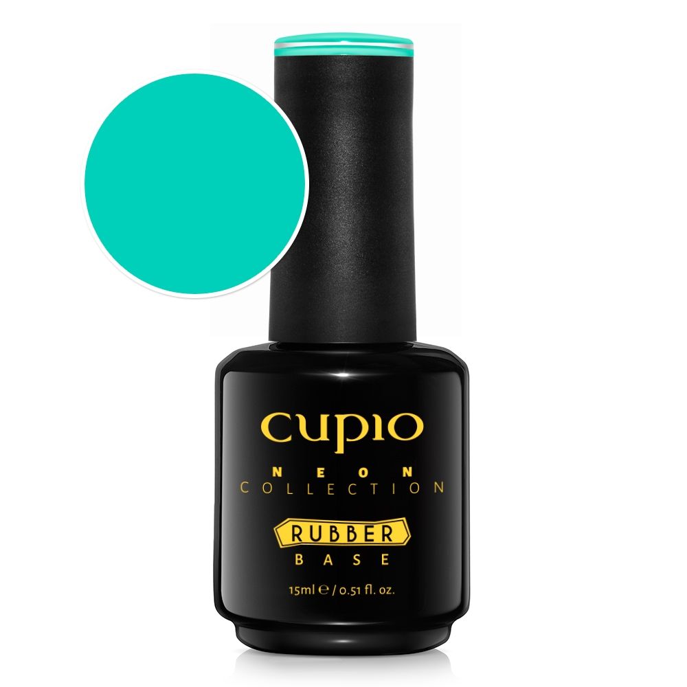 Schwarze Flasche Cupio Neon Collection Rubber Base 15 ml mit türkiser Farbanzeige, flexible UV/LED Base für Gelnägel