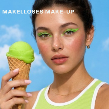 Porträt eines Models mit leuchtend grünem Eyeliner und limettengrünem Eis in der Hand, als Motiv für makelloses Make-up