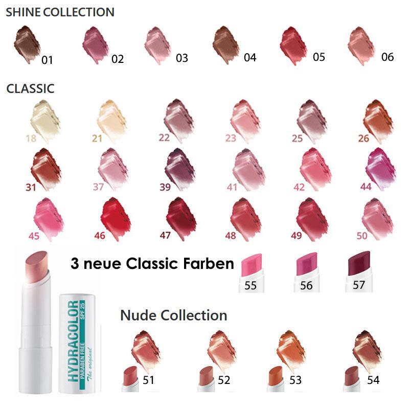 Farbkarte des HYDRACOLOR cremigen Pflegestifts für Lippen von Brilliant Lifestyle, Shine Collection in Rosewood 02, mit weiteren Farbnuancen der Kollektion
