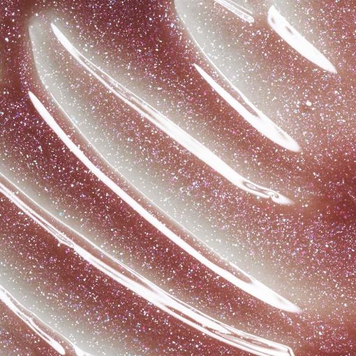Nahaufnahme von glitzerndem Lippenöl in zartem Rosaton mit Überblitzungen.
