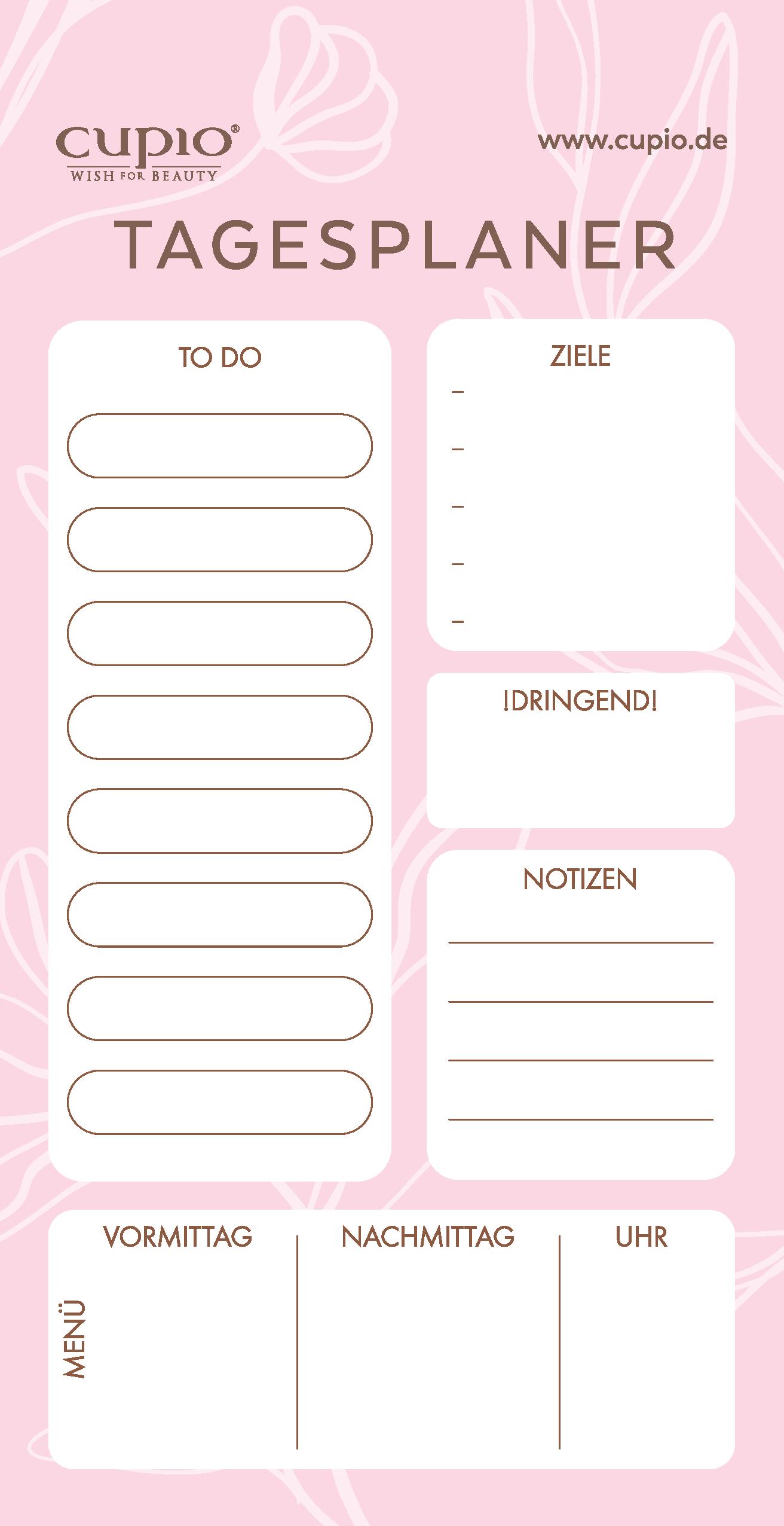 Tagesplaner mit Bereichen für To-Do, Ziele, dringend, Notizen und Menü für Vormittag und Nachmittag