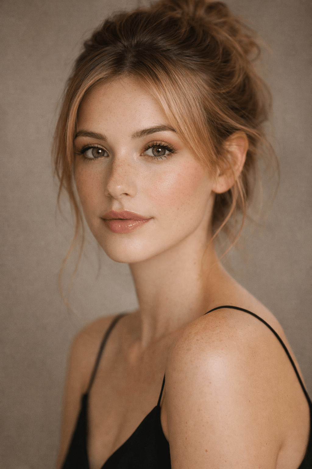 Junge Frau mit hochgesteckten Haaren, dezentem Make-up und schwarzem Spaghetti-Top vor neutralem Hintergrund