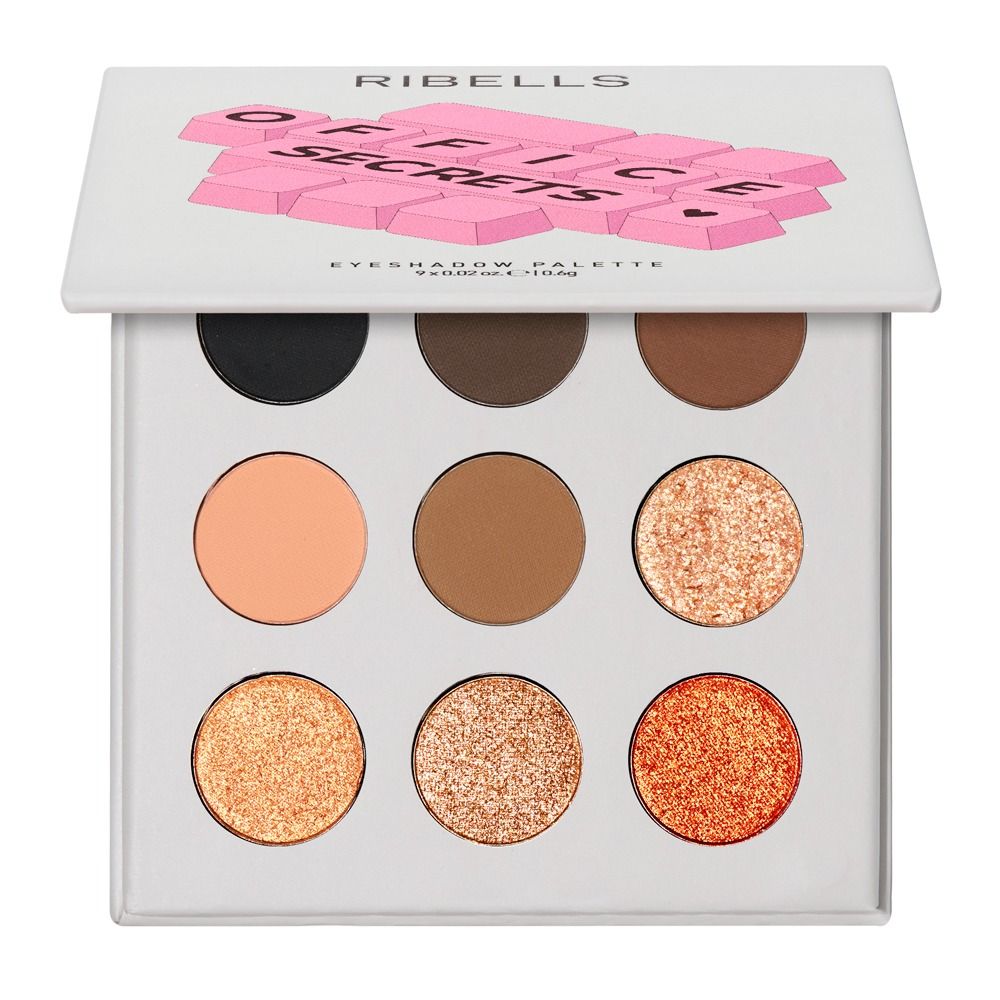 Geöffnete Ribells Eyeshadow Palette Off The Secrets mit 9 Lidschatten in Schwarz, Braun, Nude sowie schimmernden Gold- und Kupfertönen