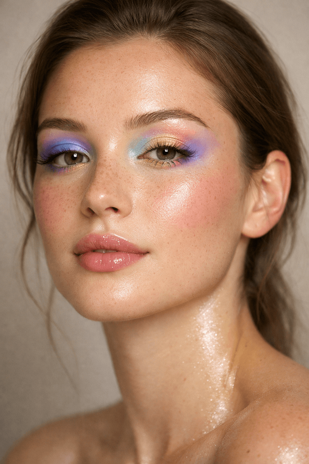 Nahaufnahme eines Gesichts mit schimmerndem, mehrfarbigem Lidschatten in Blau, Gold und Lila, zartem Rouge und glänzendem Lipgloss