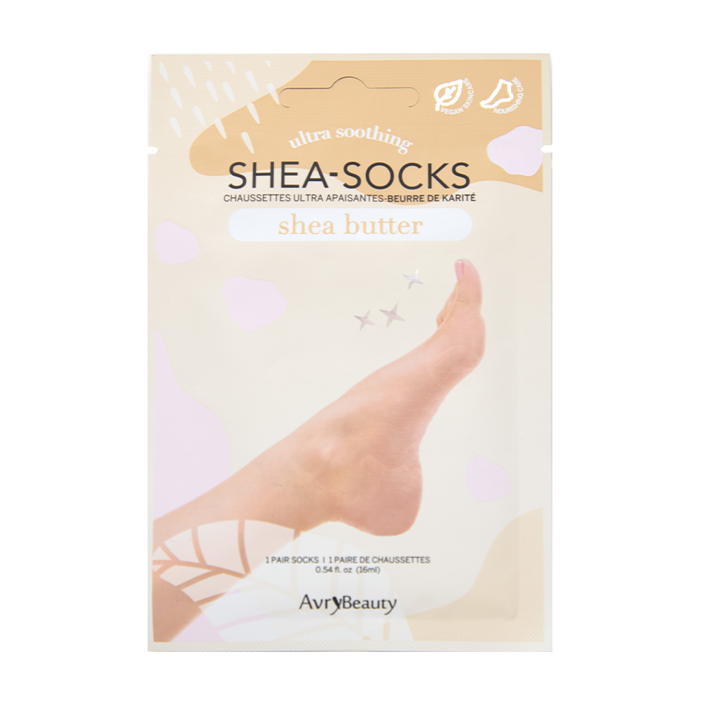 Verpackung der AvryBeauty Shea-Socks Ultra Soothing mit Sheabutter, feuchtigkeitsspendende Pflegesocken für trockene und beanspruchte Füße
