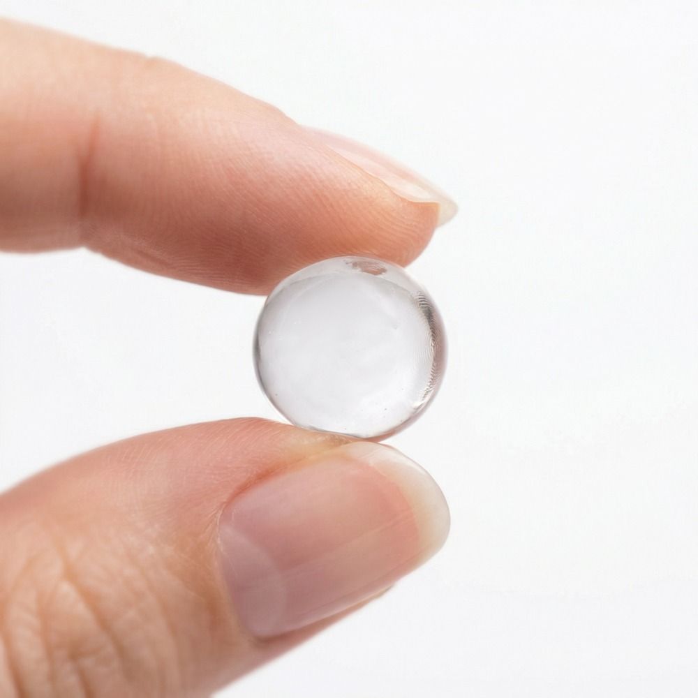 Nahaufnahme einer transparenten Glaskugel, zwischen Daumen und Zeigefinger gehalten, als kleines Deko- oder Bastelzubehör