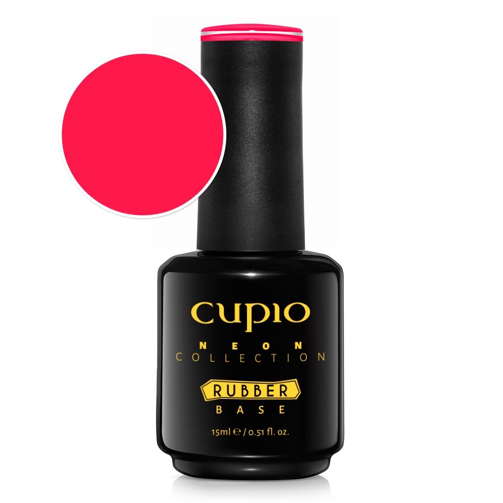 Schwarze Flasche Cupio Neon Collection Rubber Base 15 ml mit neonpinker Farbdarstellung – UV/LED Base Coat für Nägel