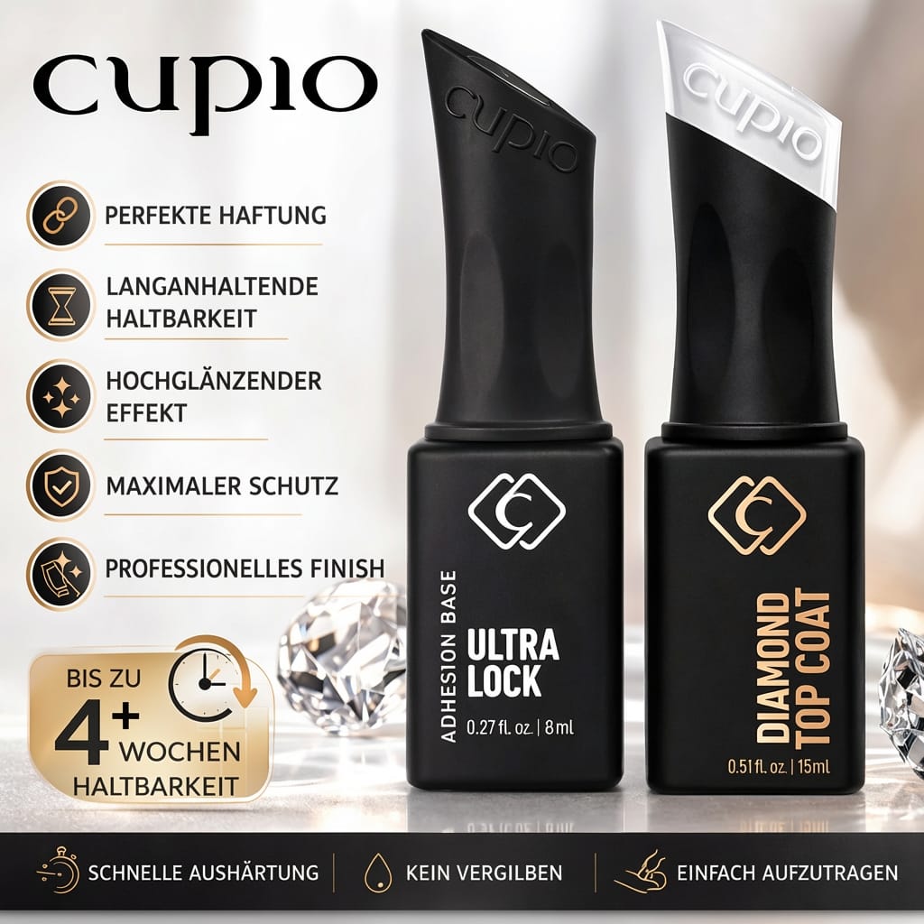Produktfoto von Cupio Ultra Lock Adhesion Base 8 ml und Diamond Top Coat 15 ml für Gelnägel mit Hinweisen auf perfekte Haftung, langen Halt, hochglänzenden Effekt, maximalen Schutz und professionelles Finish