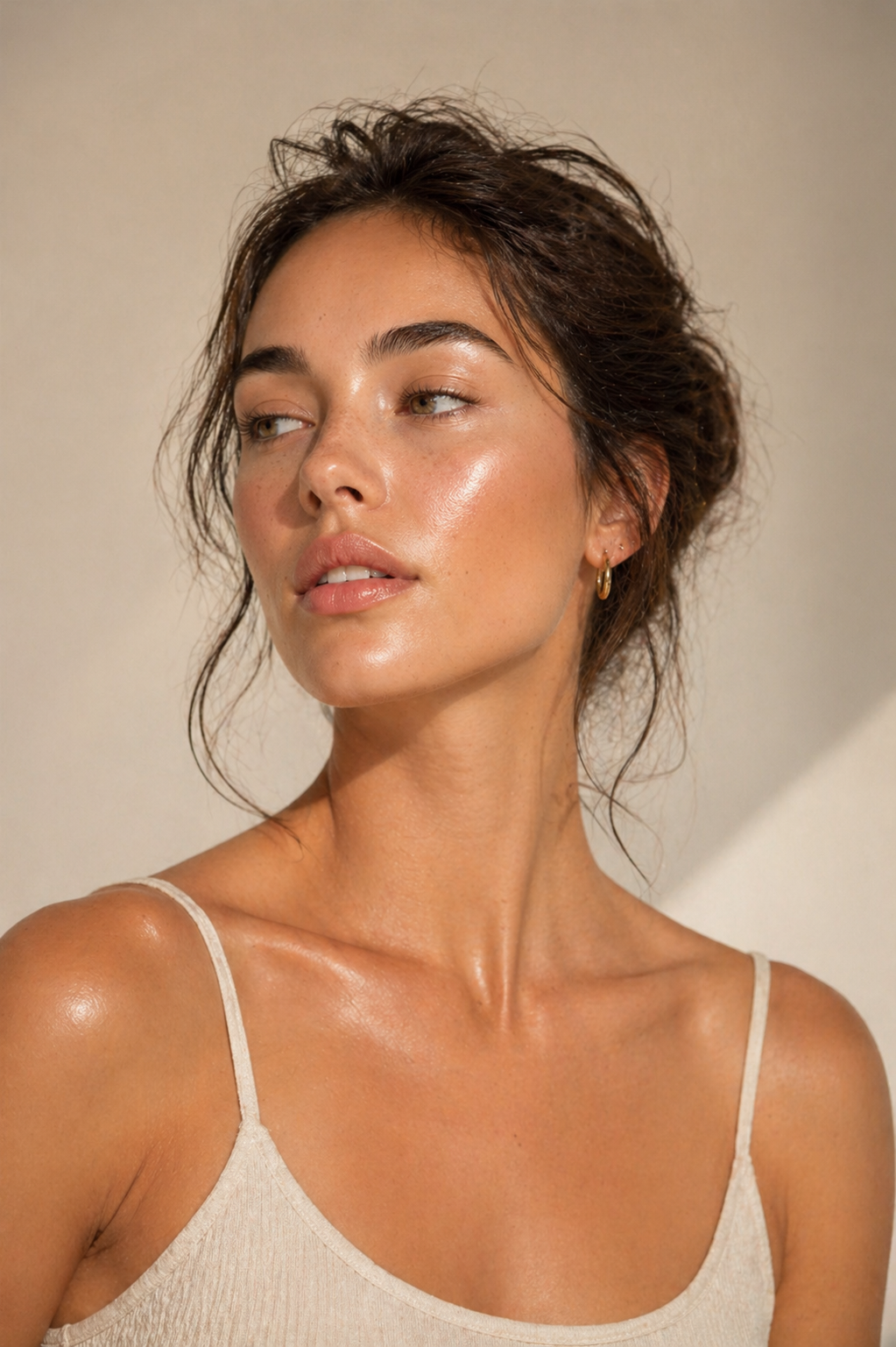 Nahaufnahme einer Frau mit glowy Haut, dezentem Make-up und goldenen Creolen als Beauty-Motiv für Hautpflege oder Kosmetik