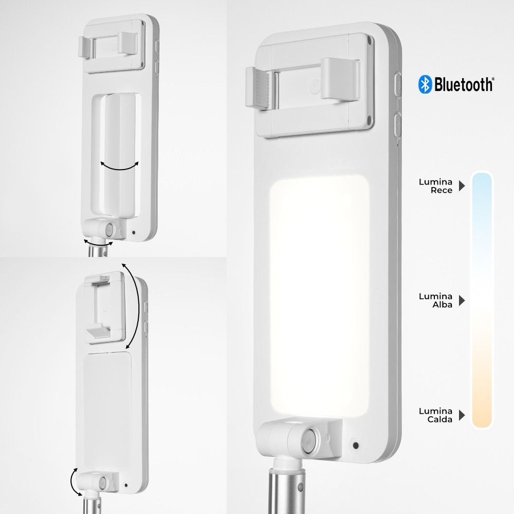 Produktbild einer weißen LED-Leuchte mit Bluetooth, schwenkbarem Gelenk, klappbarer Halterung und variabler Lichtfarbe von kaltweiß bis warmweiß