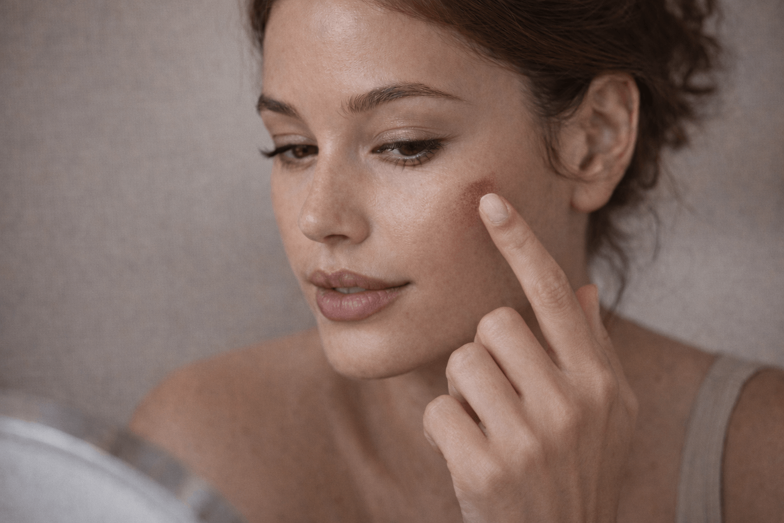 Nahaufnahme einer Frau mit geröteter Wange, die Creme aufträ