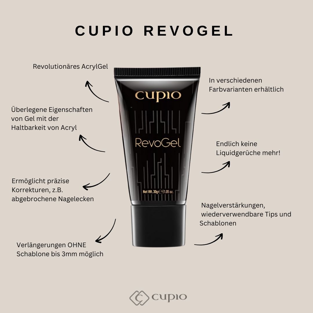 KRevoGel_NEU Tube mit Cupio RevoGel, einem innovativen AcrylGel für Nägel, in verschiedenen Farbvarianten erhältlich.