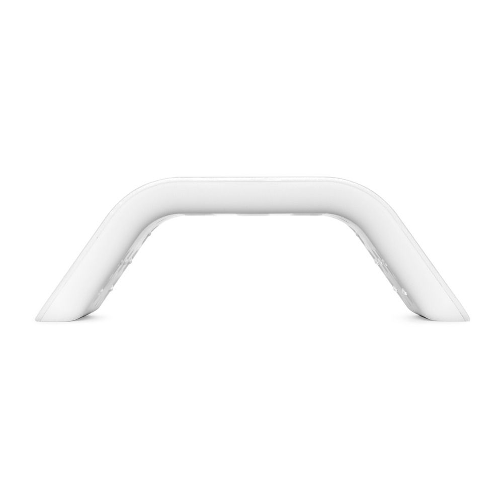 Seitliche Ansicht eines weißen abgewinkelten Kunststoff-Griffbügels, geeignet als Haltegriff im Bad oder in der Dusche